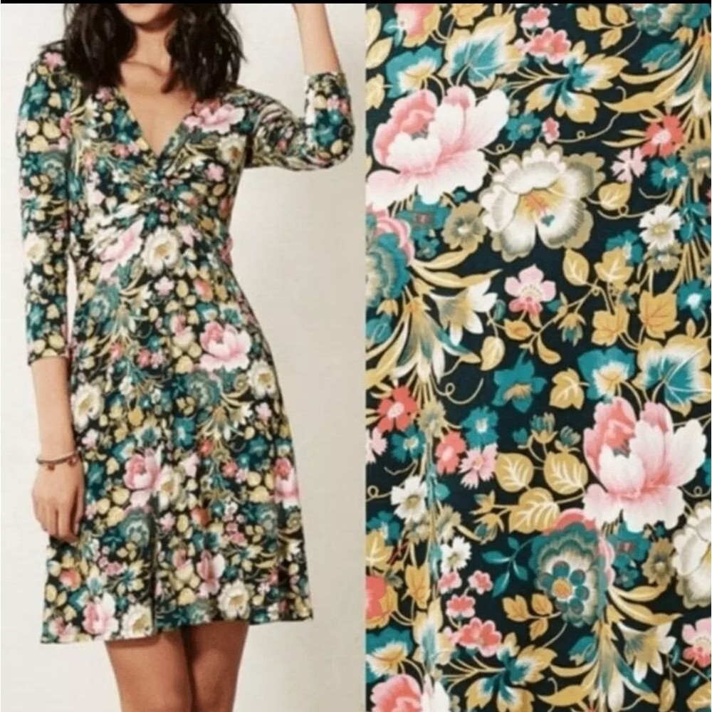 Anthropologie Lilka 3/4 Sleeve V-Neck Black Pink Gold Floral Mini Dress Small